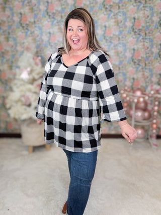 Arianna Vneck Babydoll Long Sleeve in Ivory Buffalo Plaid-2- Long Sleeve Tops-HEIMISH-Styled by Stacked - A Plus Size Women's Boutique in Lakeville, MN