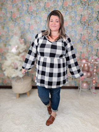 Arianna Vneck Babydoll Long Sleeve in Ivory Buffalo Plaid-2- Long Sleeve Tops-HEIMISH-Styled by Stacked - A Plus Size Women's Boutique in Lakeville, MN