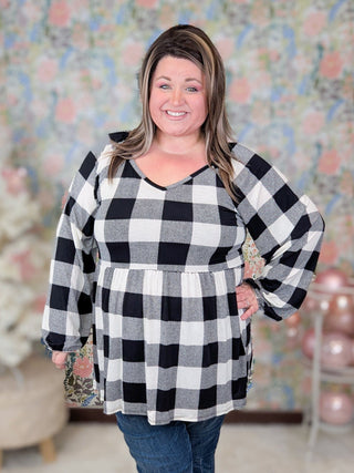 Arianna Vneck Babydoll Long Sleeve in Ivory Buffalo Plaid-2- Long Sleeve Tops-HEIMISH-Styled by Stacked - A Plus Size Women's Boutique in Lakeville, MN