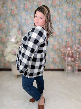 Arianna Vneck Babydoll Long Sleeve in Ivory Buffalo Plaid-2- Long Sleeve Tops-HEIMISH-Styled by Stacked - A Plus Size Women's Boutique in Lakeville, MN