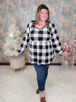 Arianna Vneck Babydoll Long Sleeve in Ivory Buffalo Plaid-2- Long Sleeve Tops-HEIMISH-Styled by Stacked - A Plus Size Women's Boutique in Lakeville, MN