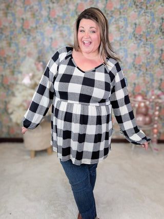 Arianna Vneck Babydoll Long Sleeve in Ivory Buffalo Plaid-2- Long Sleeve Tops-HEIMISH-Styled by Stacked - A Plus Size Women's Boutique in Lakeville, MN