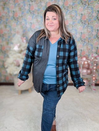 Lillian Buttondown Shirket in Teal Plaid-4- Overlayer Tops-HEIMISH-Styled by Stacked - A Plus Size Women's Boutique in Lakeville, MN