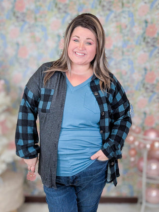 Lillian Buttondown Shirket in Teal Plaid-4- Overlayer Tops-HEIMISH-Styled by Stacked - A Plus Size Women's Boutique in Lakeville, MN