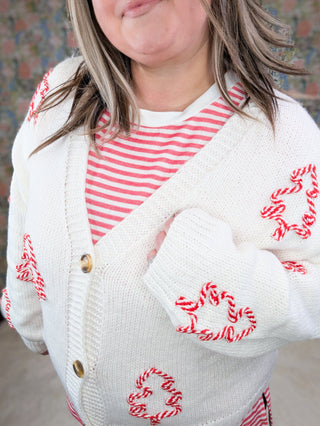Aubrey Cream Sweater Cardigan w/ 3d Candy Cane Trees-4- Overlayer Tops-MICHELLE MAE-Styled by Stacked - A Plus Size Women's Boutique in Lakeville, MN