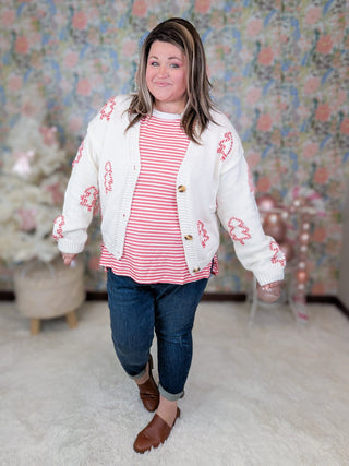 Aubrey Cream Sweater Cardigan w/ 3d Candy Cane Trees-4- Overlayer Tops-MICHELLE MAE-Styled by Stacked - A Plus Size Women's Boutique in Lakeville, MN