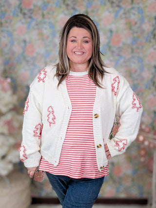 Aubrey Cream Sweater Cardigan w/ 3d Candy Cane Trees-4- Overlayer Tops-MICHELLE MAE-Styled by Stacked - A Plus Size Women's Boutique in Lakeville, MN