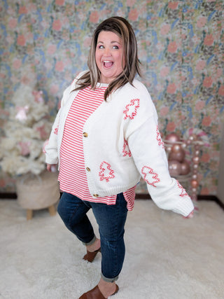 Aubrey Cream Sweater Cardigan w/ 3d Candy Cane Trees-4- Overlayer Tops-MICHELLE MAE-Styled by Stacked - A Plus Size Women's Boutique in Lakeville, MN
