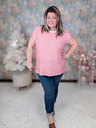 Rue Sleeveless Striped Tank w/Side Slits in Red-1- ShortSlv/Slvless Tops-WHITE BIRCH-Styled by Stacked - A Plus Size Women's Boutique in Lakeville, MN