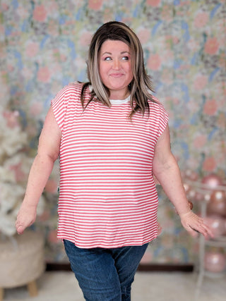 Rue Sleeveless Striped Tank w/Side Slits in Red-1- ShortSlv/Slvless Tops-WHITE BIRCH-Styled by Stacked - A Plus Size Women's Boutique in Lakeville, MN