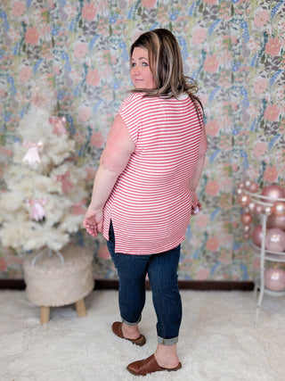Rue Sleeveless Striped Tank w/Side Slits in Red-1- ShortSlv/Slvless Tops-WHITE BIRCH-Styled by Stacked - A Plus Size Women's Boutique in Lakeville, MN