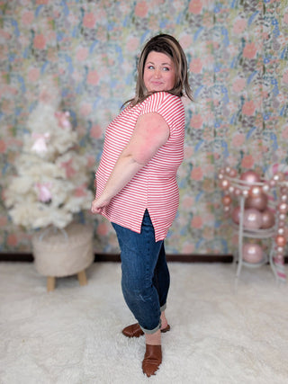 Rue Sleeveless Striped Tank w/Side Slits in Red-1- ShortSlv/Slvless Tops-WHITE BIRCH-Styled by Stacked - A Plus Size Women's Boutique in Lakeville, MN