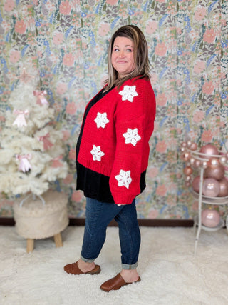 Aida Cardigan in Red w/ 3d Snowflakes-4- Overlayer Tops-MICHELLE MAE-Styled by Stacked - A Plus Size Women's Boutique in Lakeville, MN
