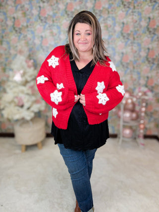 Aida Cardigan in Red w/ 3d Snowflakes-4- Overlayer Tops-MICHELLE MAE-Styled by Stacked - A Plus Size Women's Boutique in Lakeville, MN
