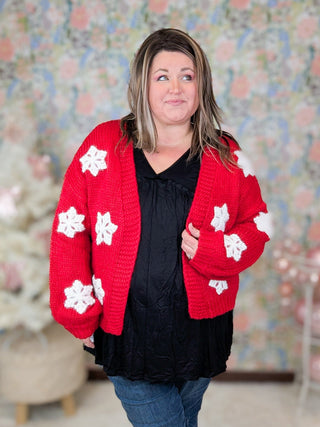 Aida Cardigan in Red w/ 3d Snowflakes-4- Overlayer Tops-MICHELLE MAE-Styled by Stacked - A Plus Size Women's Boutique in Lakeville, MN