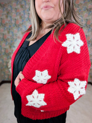 Aida Cardigan in Red w/ 3d Snowflakes-4- Overlayer Tops-MICHELLE MAE-Styled by Stacked - A Plus Size Women's Boutique in Lakeville, MN