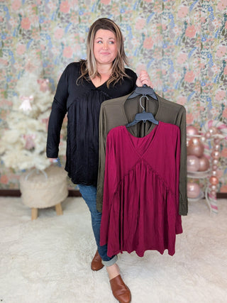 Evans Modified Babydoll Long Sleeve Top in Solids (3 Colors)-2- Long Sleeve Tops-HEIMISH-Styled by Stacked - A Plus Size Women's Boutique in Lakeville, MN