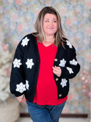 Mimi Button Cardigan in Black w/ 3d Snowflakes-4- Overlayer Tops-MICHELLE MAE-Styled by Stacked - A Plus Size Women's Boutique in Lakeville, MN