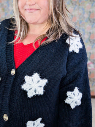 Mimi Button Cardigan in Black w/ 3d Snowflakes-4- Overlayer Tops-MICHELLE MAE-Styled by Stacked - A Plus Size Women's Boutique in Lakeville, MN