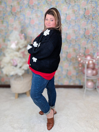 Mimi Button Cardigan in Black w/ 3d Snowflakes-4- Overlayer Tops-MICHELLE MAE-Styled by Stacked - A Plus Size Women's Boutique in Lakeville, MN