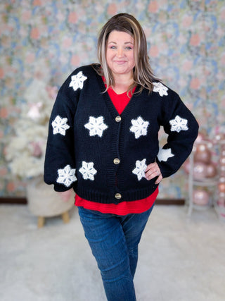 Mimi Button Cardigan in Black w/ 3d Snowflakes-4- Overlayer Tops-MICHELLE MAE-Styled by Stacked - A Plus Size Women's Boutique in Lakeville, MN