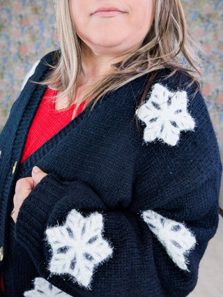 Mimi Button Cardigan in Black w/ 3d Snowflakes-4- Overlayer Tops-MICHELLE MAE-Styled by Stacked - A Plus Size Women's Boutique in Lakeville, MN