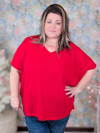 Ember Vneck Waffle Knit Dolman Short Sleeve Top in Red-1- ShortSlv/Slvless Tops-BE STAGE-Styled by Stacked - A Plus Size Women's Boutique in Lakeville, MN