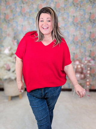 Ember Vneck Waffle Knit Dolman Short Sleeve Top in Red-1- ShortSlv/Slvless Tops-BE STAGE-Styled by Stacked - A Plus Size Women's Boutique in Lakeville, MN