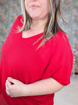 Ember Vneck Waffle Knit Dolman Short Sleeve Top in Red-1- ShortSlv/Slvless Tops-BE STAGE-Styled by Stacked - A Plus Size Women's Boutique in Lakeville, MN