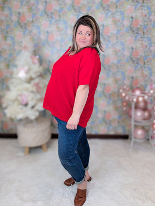 Ember Vneck Waffle Knit Dolman Short Sleeve Top in Red-1- ShortSlv/Slvless Tops-BE STAGE-Styled by Stacked - A Plus Size Women's Boutique in Lakeville, MN