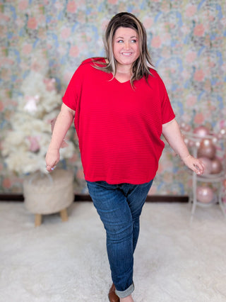 Ember Vneck Waffle Knit Dolman Short Sleeve Top in Red-1- ShortSlv/Slvless Tops-BE STAGE-Styled by Stacked - A Plus Size Women's Boutique in Lakeville, MN