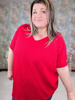 Ember Vneck Waffle Knit Dolman Short Sleeve Top in Red-1- ShortSlv/Slvless Tops-BE STAGE-Styled by Stacked - A Plus Size Women's Boutique in Lakeville, MN