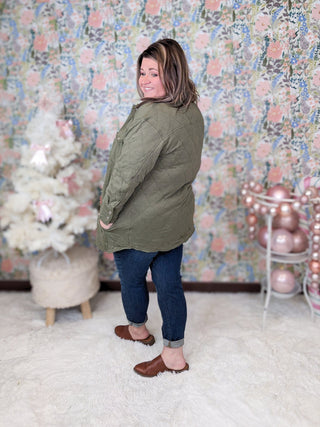 Ian Quilted Sweatshirt Shacket in Olive-4- Overlayer Tops-HEIMISH-Styled by Stacked - A Plus Size Women's Boutique in Lakeville, MN