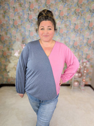 Aster Split Colorblock Surplice Top in Pink + Charcoal-2- Long Sleeve Tops-EMERALD-Styled by Stacked - A Plus Size Women's Boutique in Lakeville, MN