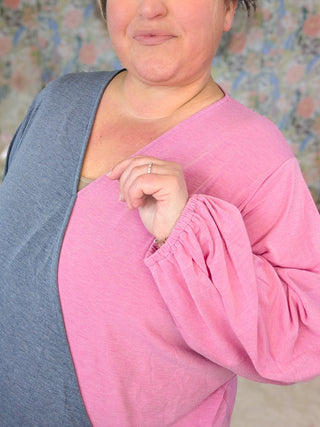 Aster Split Colorblock Surplice Top in Pink + Charcoal-2- Long Sleeve Tops-EMERALD-Styled by Stacked - A Plus Size Women's Boutique in Lakeville, MN