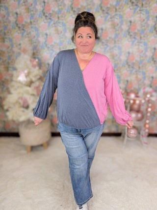 Aster Split Colorblock Surplice Top in Pink + Charcoal-2- Long Sleeve Tops-EMERALD-Styled by Stacked - A Plus Size Women's Boutique in Lakeville, MN