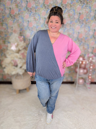 Aster Split Colorblock Surplice Top in Pink + Charcoal-2- Long Sleeve Tops-EMERALD-Styled by Stacked - A Plus Size Women's Boutique in Lakeville, MN