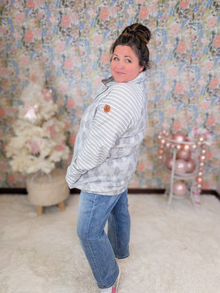 PHC- Gray Trees + Stripes Triple Stretch Zipcowl-3- Hooded Tops-MICHELLE MAE-Styled by Stacked - A Plus Size Women's Boutique in Lakeville, MN