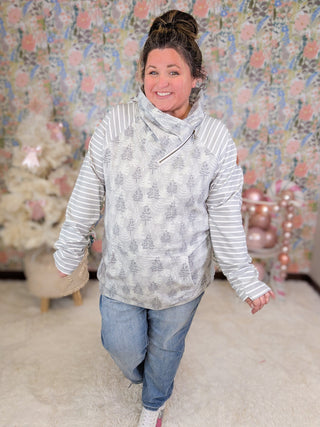 PHC- Gray Trees + Stripes Triple Stretch Zipcowl-3- Hooded Tops-MICHELLE MAE-Styled by Stacked - A Plus Size Women's Boutique in Lakeville, MN