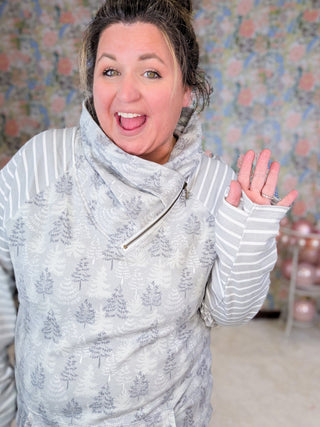 PHC- Gray Trees + Stripes Triple Stretch Zipcowl-3- Hooded Tops-MICHELLE MAE-Styled by Stacked - A Plus Size Women's Boutique in Lakeville, MN