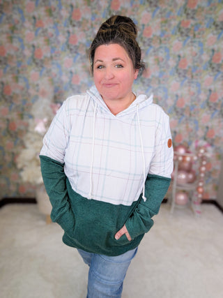 PHC- Mint + Berry Plaid Topped Pullover Hoodie-3- Hooded Tops-MICHELLE MAE-Styled by Stacked - A Plus Size Women's Boutique in Lakeville, MN