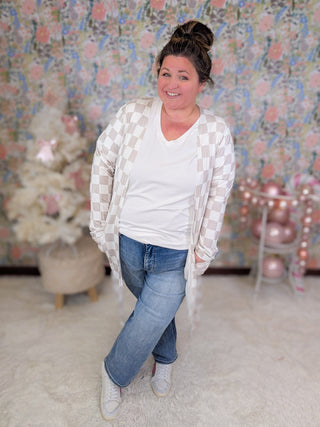 Tinley Tissue Weight Pocket Cardigan in Checkers-4- Overlayer Tops-MICHELLE MAE-Styled by Stacked - A Plus Size Women's Boutique in Lakeville, MN