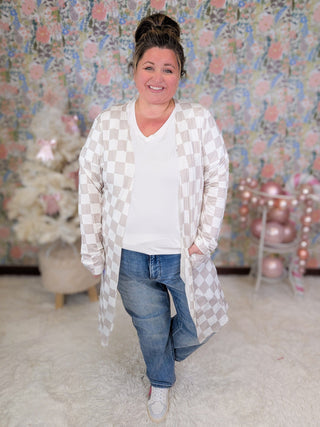 Tinley Tissue Weight Pocket Cardigan in Checkers-4- Overlayer Tops-MICHELLE MAE-Styled by Stacked - A Plus Size Women's Boutique in Lakeville, MN