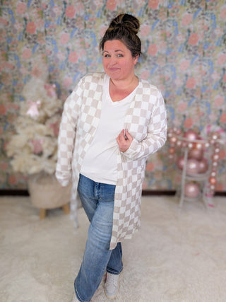 Tinley Tissue Weight Pocket Cardigan in Checkers-4- Overlayer Tops-MICHELLE MAE-Styled by Stacked - A Plus Size Women's Boutique in Lakeville, MN