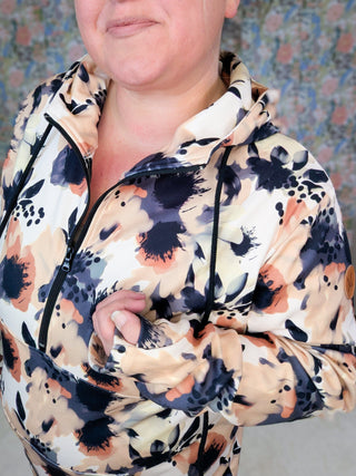 PHC- Cozy Cloud Half Zip Hoodie in Abstract Neutral Floral-2- Long Sleeve Tops-Michelle Mae-Styled by Stacked - A Plus Size Women's Boutique in Lakeville, MN