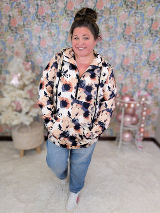 PHC- Cozy Cloud Half Zip Hoodie in Abstract Neutral Floral-2- Long Sleeve Tops-Michelle Mae-Styled by Stacked - A Plus Size Women's Boutique in Lakeville, MN