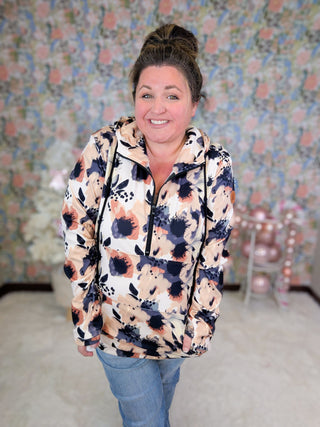 PHC- Cozy Cloud Half Zip Hoodie in Abstract Neutral Floral-2- Long Sleeve Tops-Michelle Mae-Styled by Stacked - A Plus Size Women's Boutique in Lakeville, MN