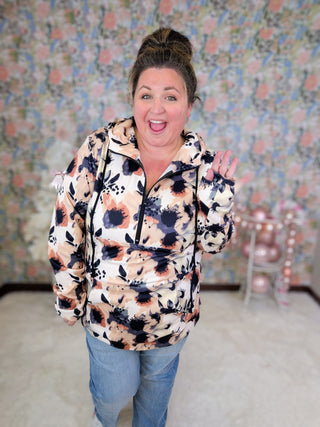 PHC- Cozy Cloud Half Zip Hoodie in Abstract Neutral Floral-2- Long Sleeve Tops-Michelle Mae-Styled by Stacked - A Plus Size Women's Boutique in Lakeville, MN