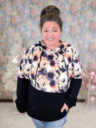 PHC Pullover Hoodie in Abstract Neutral Floral + Black-Hoodie-Michelle Mae-Styled by Stacked - A Plus Size Women's Boutique in Lakeville, MN