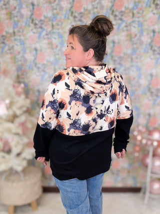 PHC Pullover Hoodie in Abstract Neutral Floral + Black-Hoodie-Michelle Mae-Styled by Stacked - A Plus Size Women's Boutique in Lakeville, MN